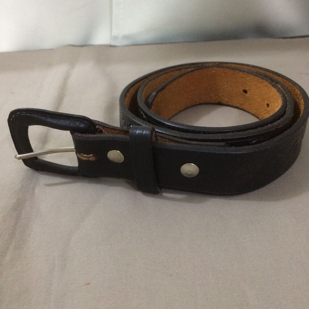 Vintage Black Leather Brown Belt Embossed Artisan Handmade Costa Rica 31.5 Inch